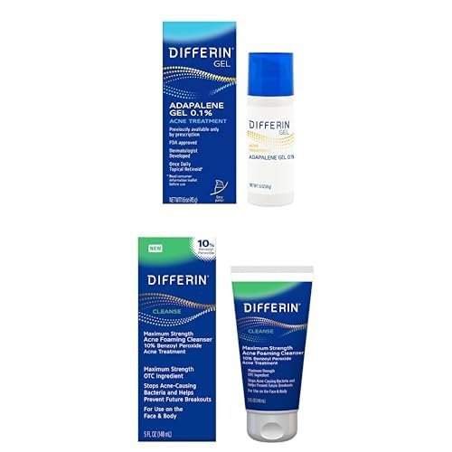 Differin Acne Treatment Gel, 90 Day Supply, Retinoid Treatment for Face with 0.1% Adapalene 45g Pump + Differin Acne Face Wash with 10% Benzoyl Peroxide, Max-Strength OTC Acne Foaming Cleanser 5 Oz