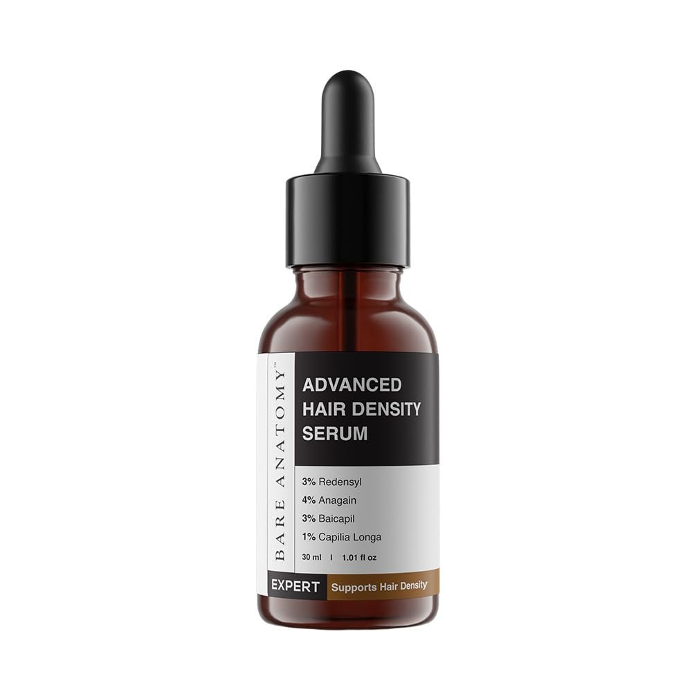 Bare Anatomy Advanced Hair Density Serum boosts density with Redensyl, Anagain, Baicapil & Capilia Longa. Rosemary & rice water reduce hair fall for men & women.