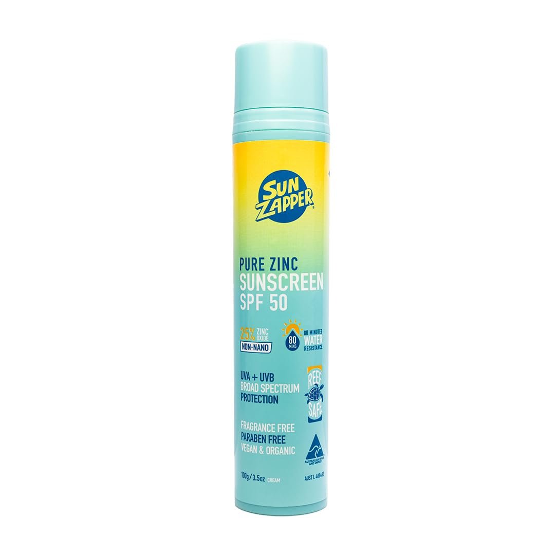 Sun Zapper Pure Zinc Sunscreen SPF 50 – Organic Mineral Sunscreen for Face and Body, 25% Non-Nano Zinc Oxide, Reef Safe, Water Resistant, Broad Spectrum, Vegan, 100g (3.5 oz) Pump, Australian Made