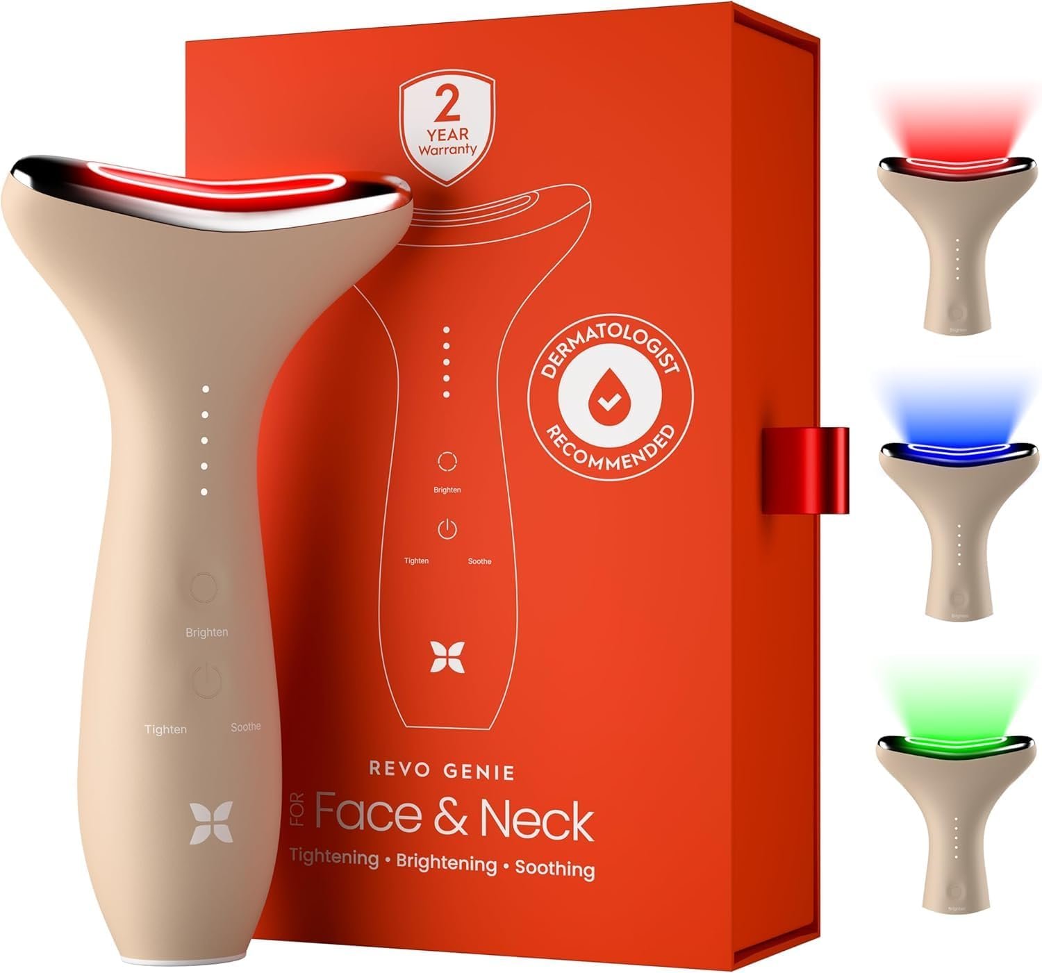 REVO Genie | 3-in-1 Face & Neck Beauty Massager with Heat, 3 Light Therapies, Smart Vibration | Red Light, Blue Light, Green Light Therapy for Smooth Glowing Skin