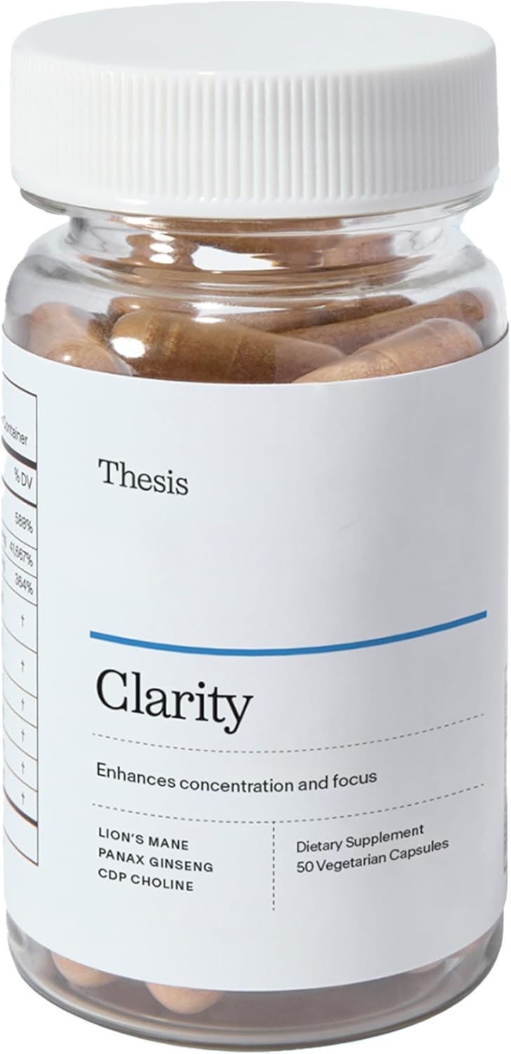 Thesis Clarity Nootropic Supplement for Men & Women with Lions Mane, CDP Choline, Panax Ginseng, Vitamin B6 & Caffeine, Cognitive Support Capsules, Vegan, Non GMO, 25 Servings