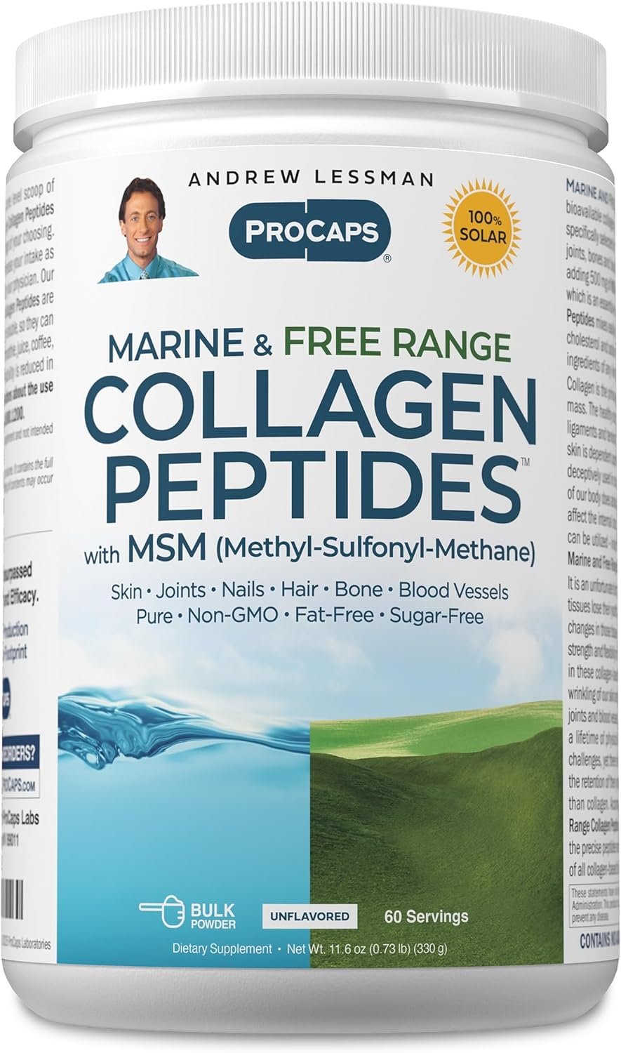 ANDREW LESSMAN Marine, Free Range Collagen Peptides Powder and MSM 60 Servings – Supports Radiant Smooth Soft Skin, Comfortable Joints. Super Soluble No Fishy Flavor No Additives Non-GMO