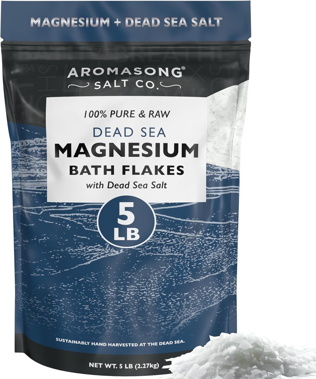 Aromasong Raw Magnesium Flakes for Bath + Dead Sea Salt for Soaking – 5 Lb Resealable Pack Magnesium Chloride Flakes – Organic Bath Salt Relaxing Mineral Soak (Packaging May Vary)