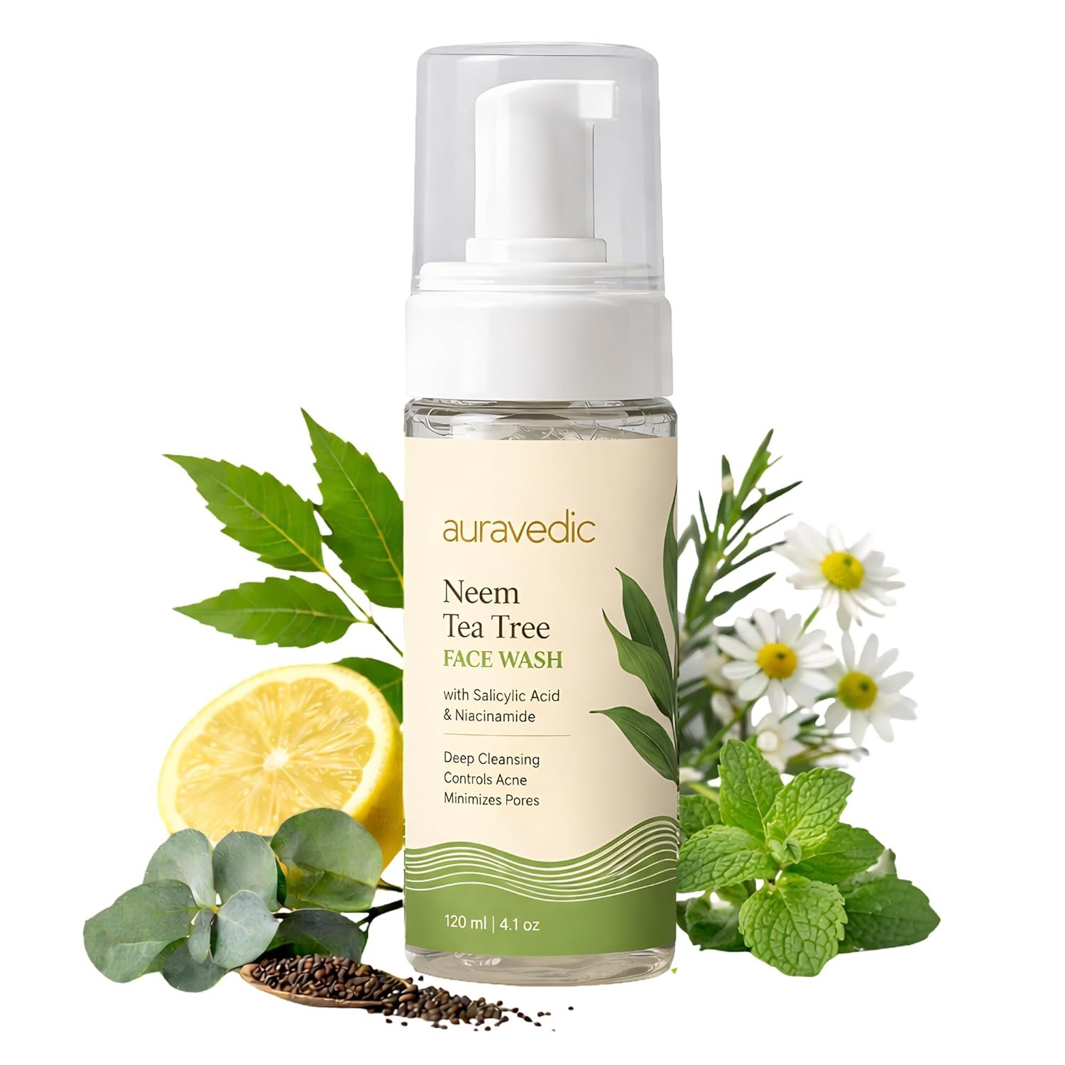 Auravedic Acne Face Wash with 2% Salicylic Acid, Neem & Tea Tree | Foaming Cleanser for Oily & Acne Prone Skin | Oil Control, Gentle Daily Cleanser for Men & Women | 4.06 Fl Oz (120ml)