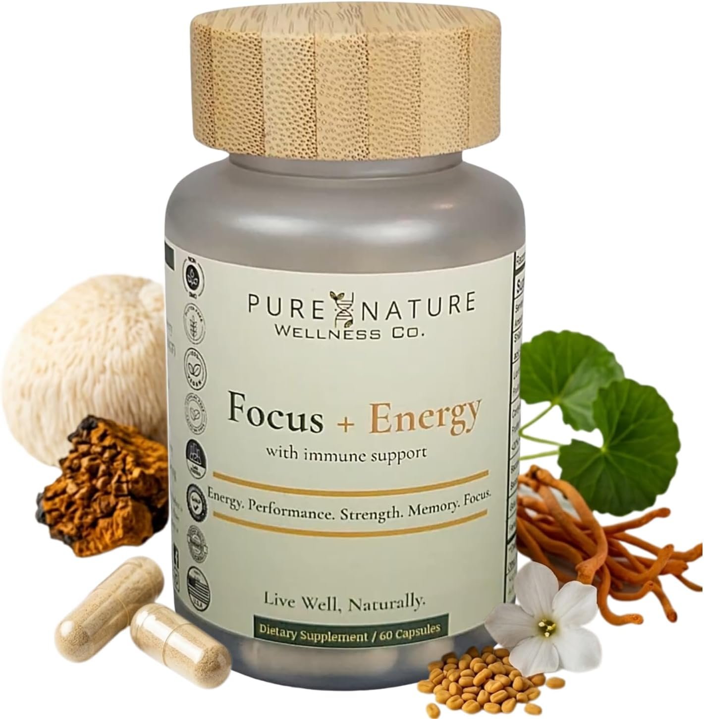 Focus + Energy + Performance Support-6-in-1 Mushroom Nootropic & Mitochondrial Complex-Advanced Brain Supplement-Natural Energy-Caffeine Free Biohack with Lion’s Mane,Cordyceps,Mumijo,Fenugreek