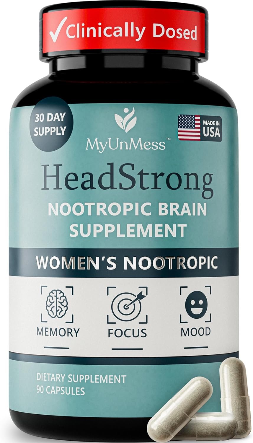 HeadStrong Nootropic Brain Supplement for Women, Brain Fog Relief & Mental Clarity, Lion’s Mane, Ashwagandha, L-Theanine, Memory, Focus & Mood Support for Perimenopause & Midlife, 90 Capsules