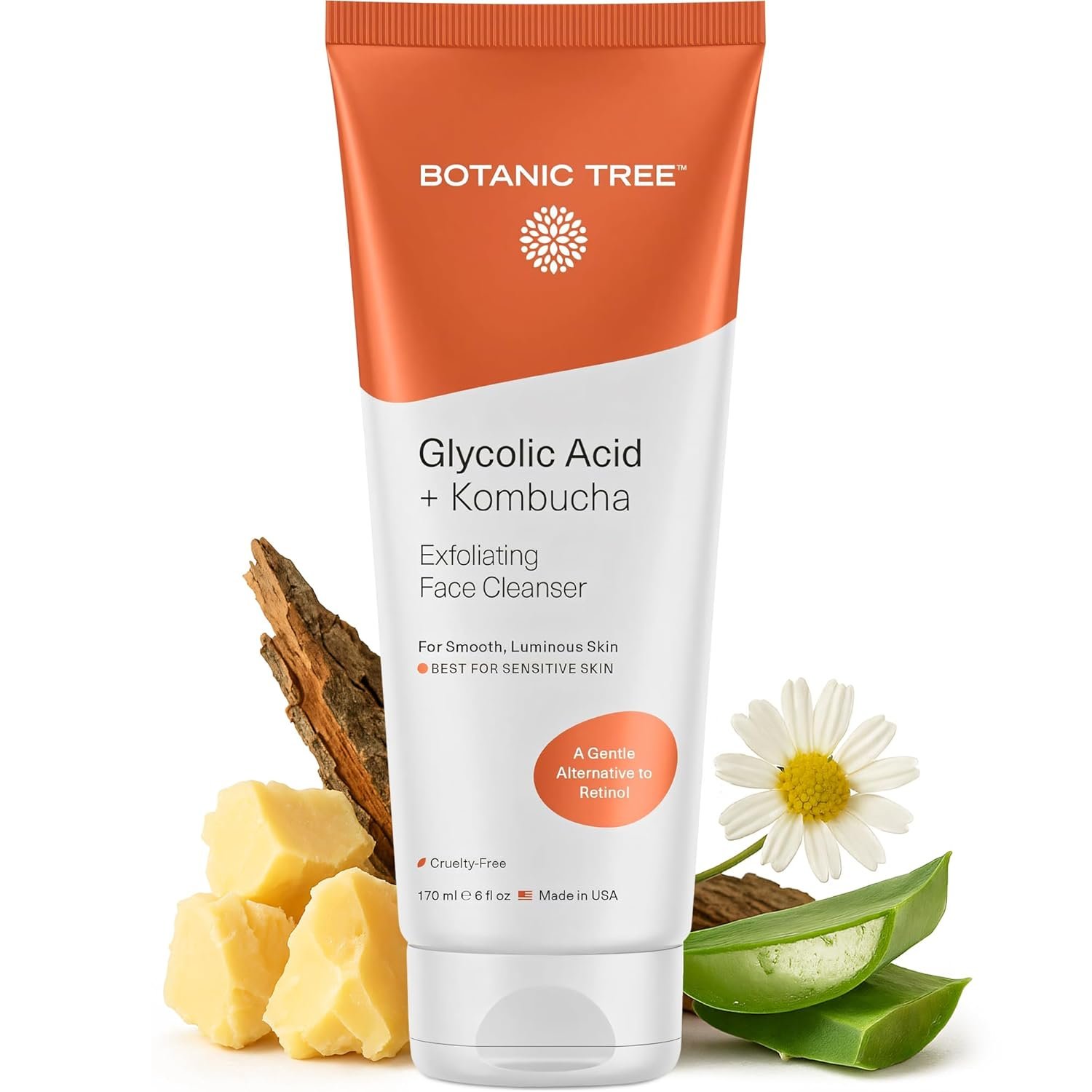 Botanic Tree Kombucha & Glycolic Acid Exfoliating Face Wash for Aging Skin – Face Cleanser for Women – Kombucha Lipofilling Effects and Skin Healthy Probiotics and Antioxidants