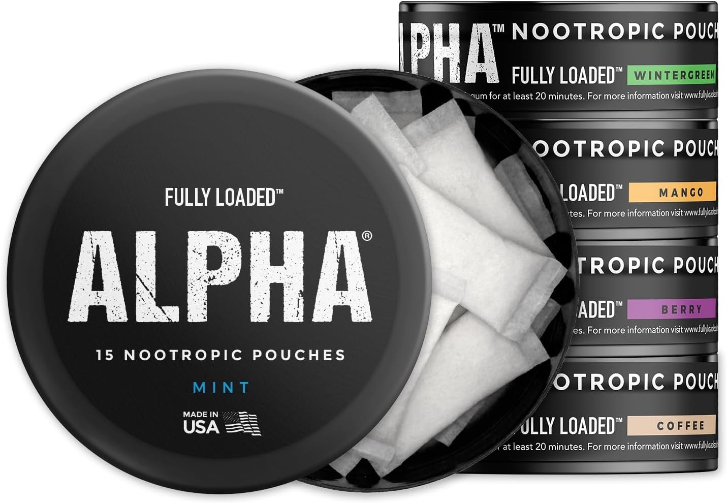 Fully Loaded Alpha Nootropic Pouches Variety Pack – 5 Cans – 75 Total Pouches (15 per Can) – Effective Nootropic Delivery, Nicotine Pouch Replacement – Faster Absorption, Alpha GPC, L-Tyrosine, GABA