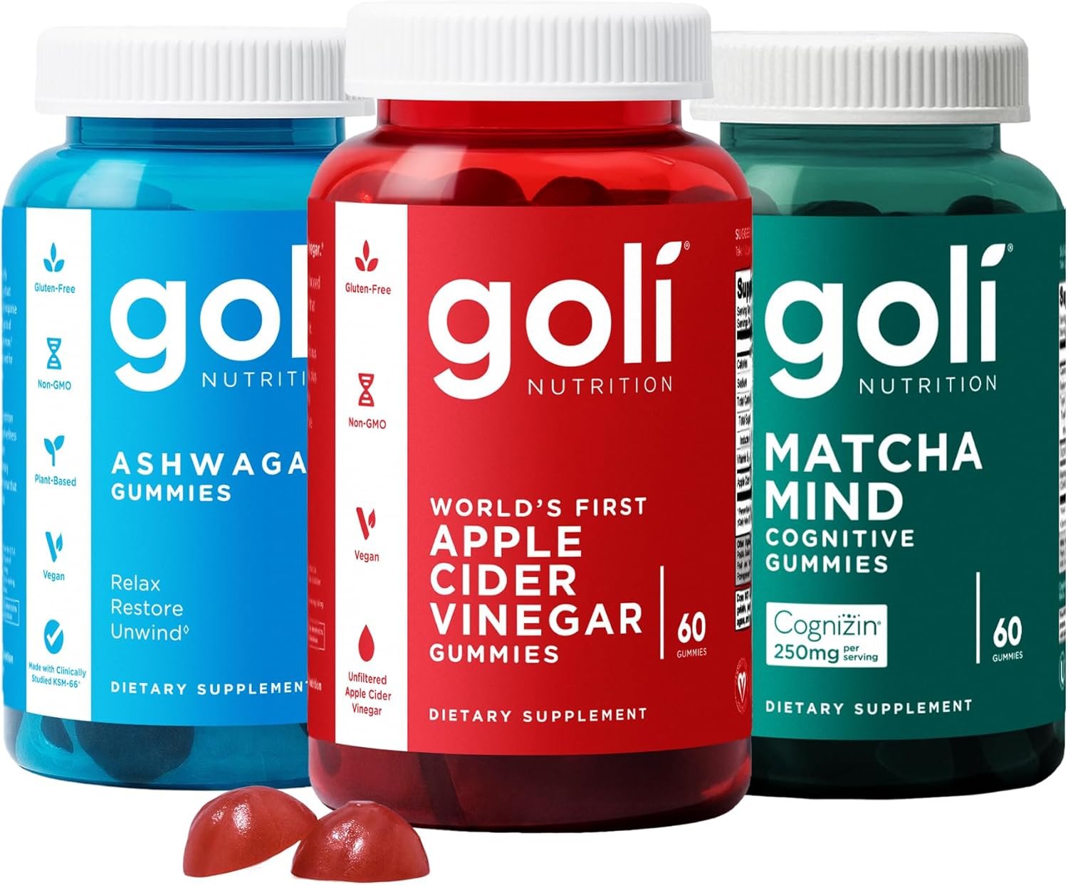 3 Bottles of Goli Favorites Bundle: Ashwagandha KSM-66, Apple Cider Vinegar, Matcha Mind Supplements with Cognizin, Vitamins D2 and B12
