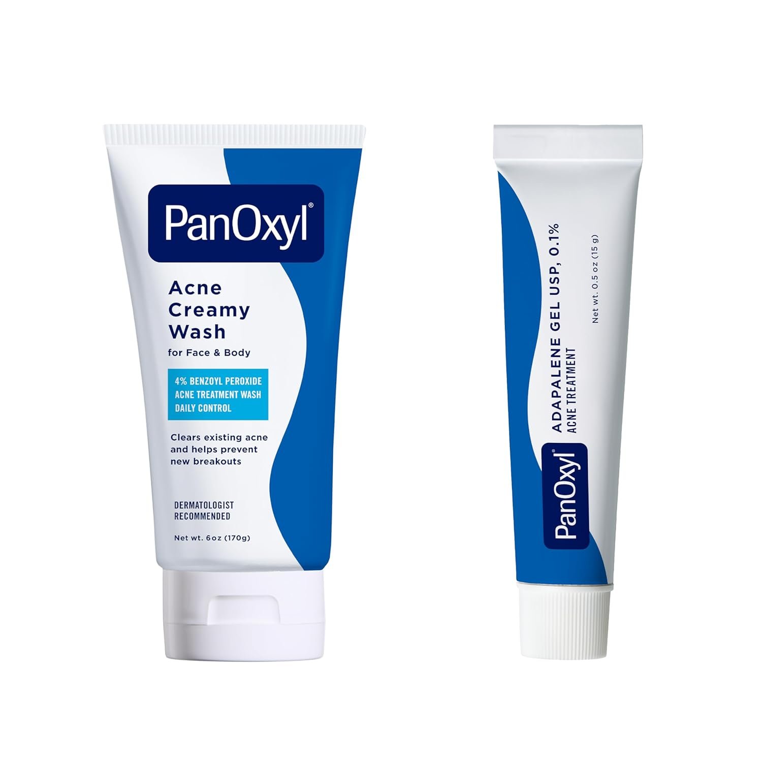 PanOxyl Acne Skincare Bundle Adapalene 0.1% Leave-On Gel, 30 Day Supply, 0.5 oz Antimicrobial Hydrating Acne Creamy Wash, 4% Benzoyl Peroxide, 6 Ounce