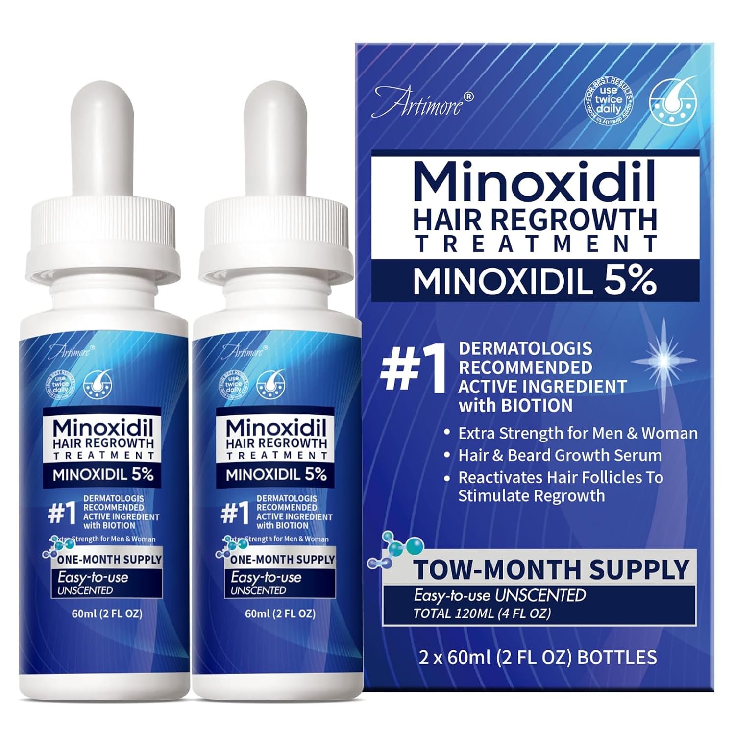 5% Minoxidil Hair Growth Serum for Men & Women with Biotin: Minoxidil for Men and Women, 5 Percent, Hair Regrowth Treatment, Extra Strength (4 FL OZ, Dropper 2pcs)