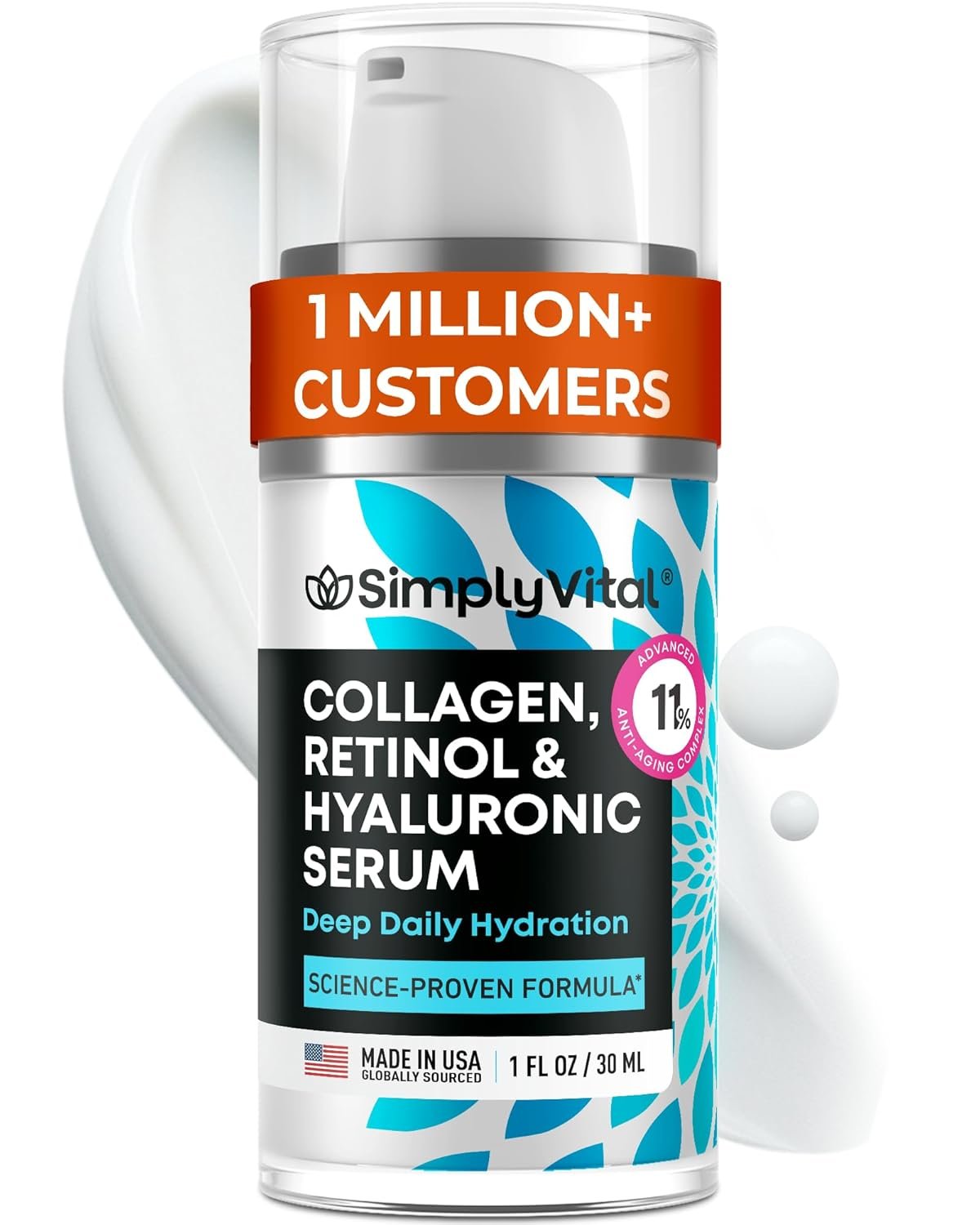 SimplyVital Collagen, Retinol & Hyaluronic Acid Serum – Anti-Aging Moisturizer for Face, Neck & Décolleté – Made in USA, Deep Moisturizing Skin Care Complex – Hydrating Facial Serum for Women, 1 fl.oz