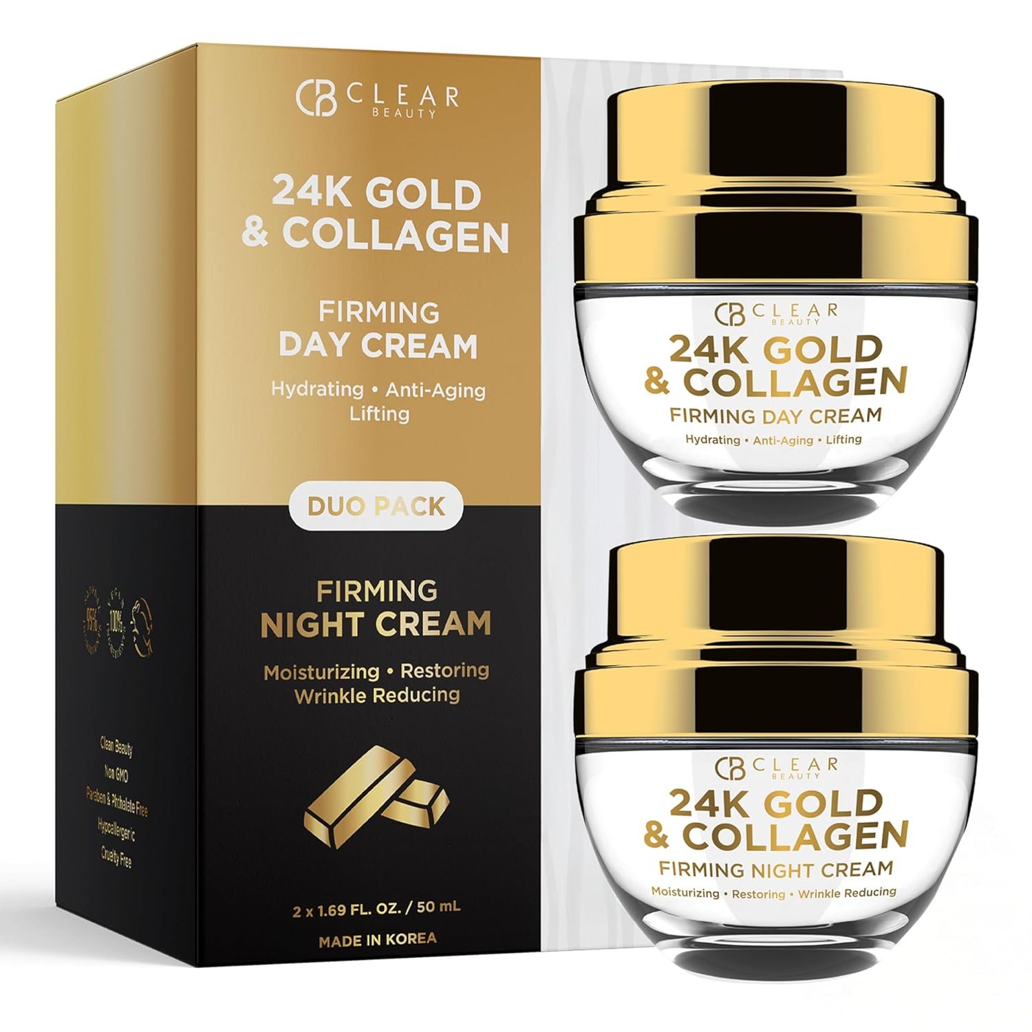 Clear Beauty 24K Gold & Collagen Face Moisturizer – Dermatologist Tested, Anti Aging, Korean Skin Care – Hydrates, Firms, Smooths For Youthful Skin – Vegan, Clean Beauty – Duo Pack