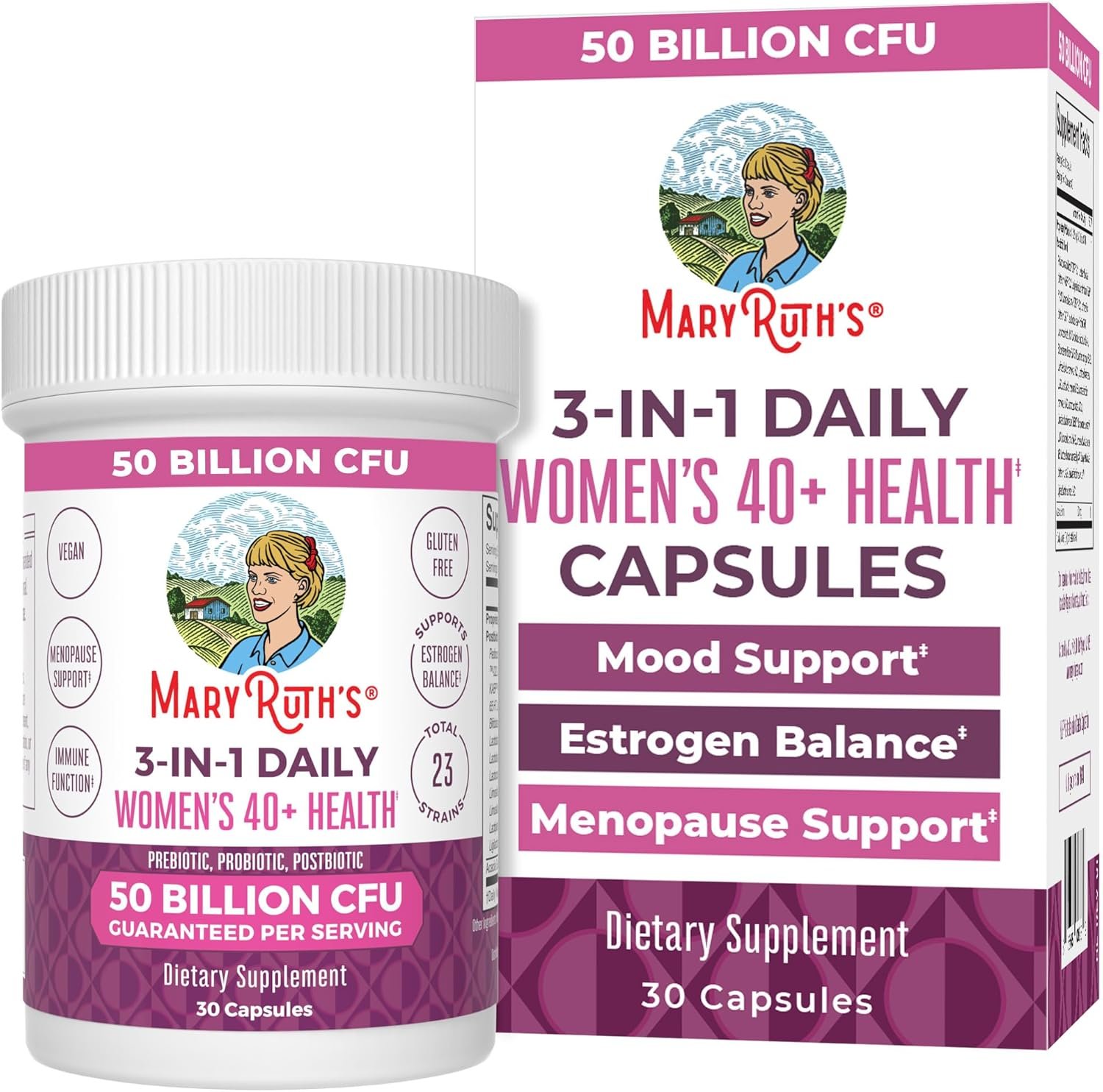 MaryRuth’s 3-in-1 Daily Health 40+ Probiotics for Women | Hormonal & Menopause Support Supplement for Women | Gut Health Capsules | 50 Billion CFU | Allergen Free | 30 Ct