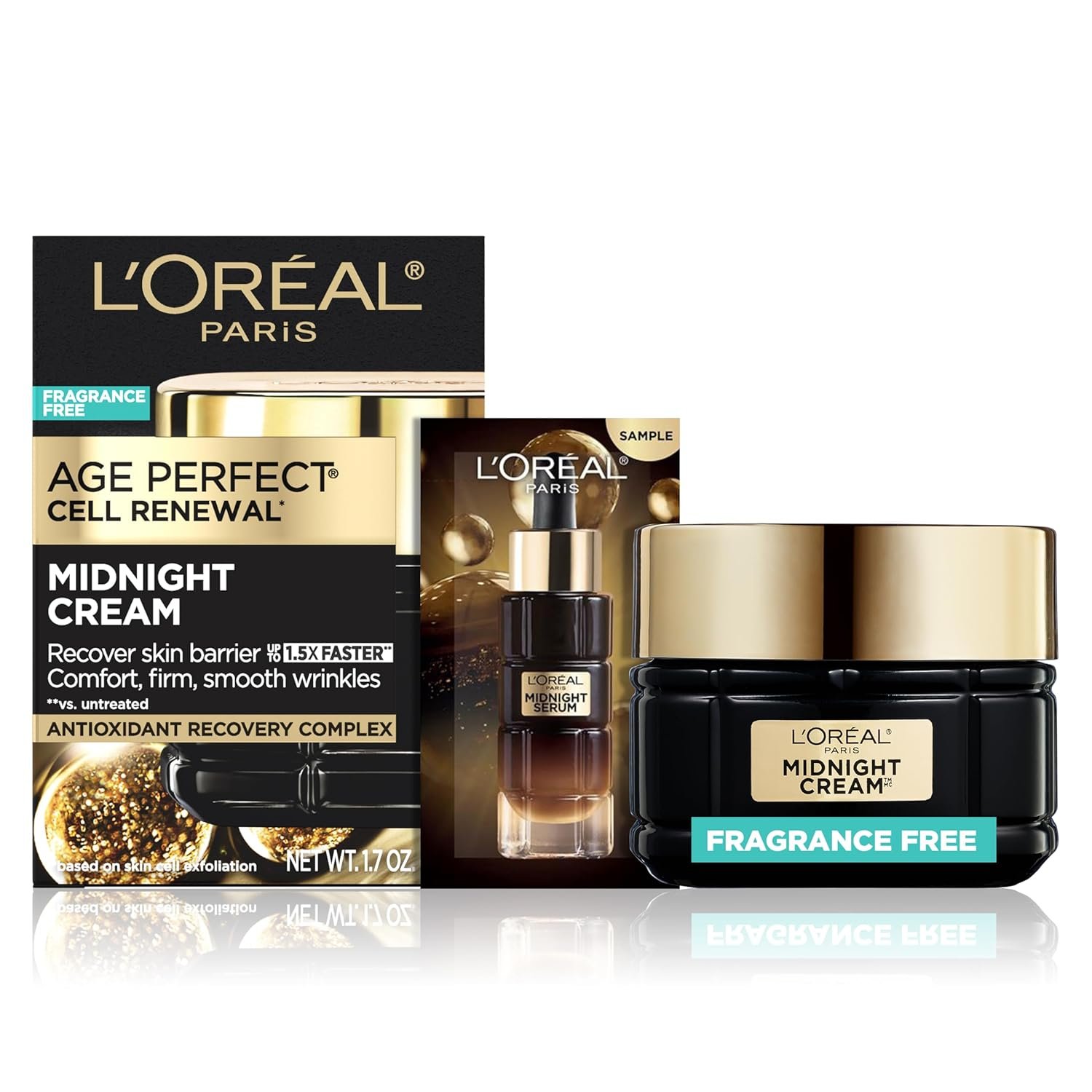 L’Oreal Paris Age Perfect Anti-Aging Midnight Face Cream, Fragrance-Free Face Moisturizer with Antioxidants to Reduce Wrinkles and Firm Skin, 1.7oz + Serum Sample