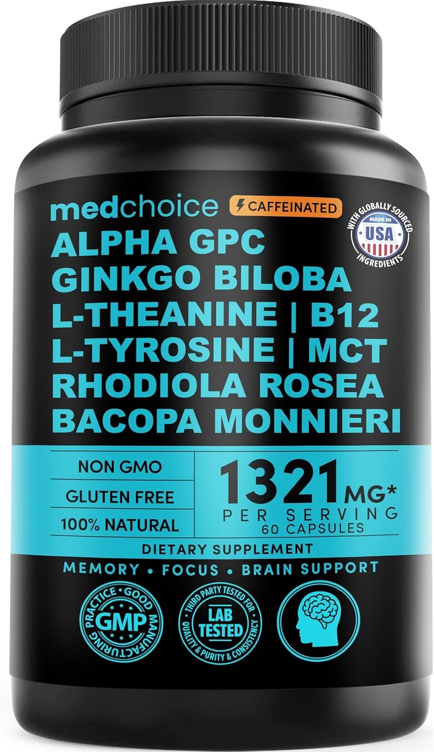 12-in-1 Nootropic Brain Supplement with Caffeine Anhydrous: Ginkgo Biloba for Brain Support, Memory and Focus – B12, Alpha GPC, L Theanine and Choline Supplements with Bioperine with 1321mg (60ct)