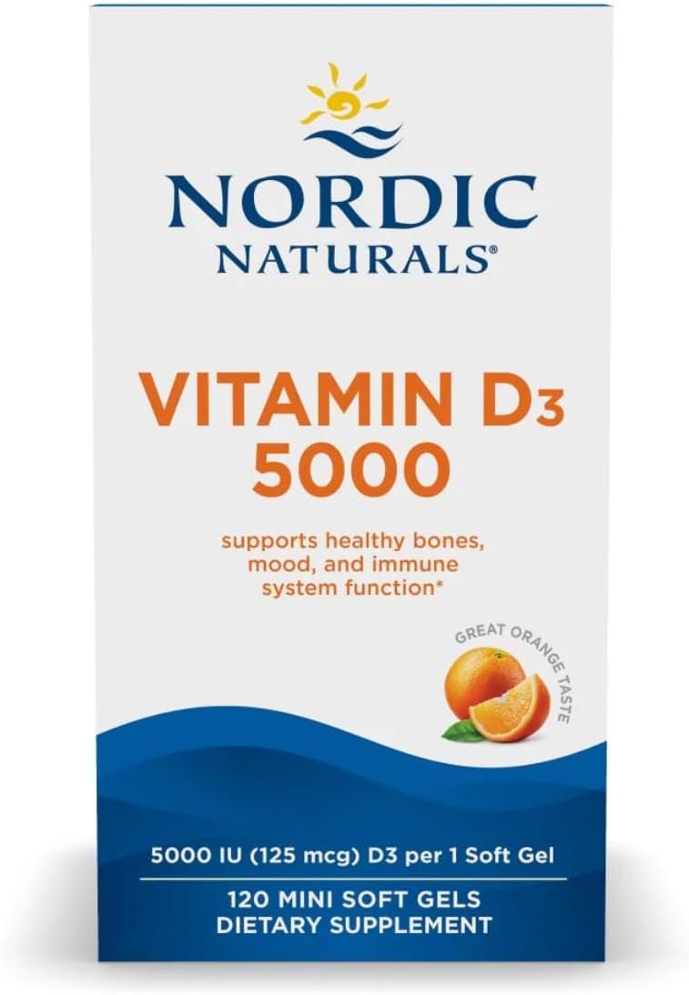 Nordic Naturals Vitamin D3 5000, Orange – 120 Mini Soft Gels – 5000 IU Vitamin D3 – Supports Healthy Bones, Mood & Immune System Function – Non-GMO – 120 Servings