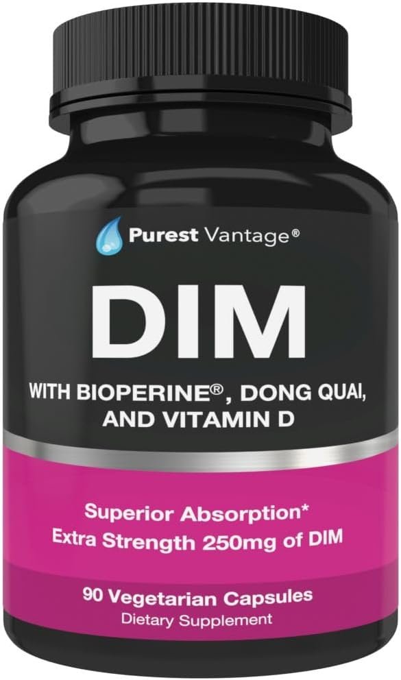 Pure DIM Supplement 250mg Diindolylmethane Plus BioPerine and Dong Quai – Hormone Balance Support for Women and Men, Menopause & Estrogen Support – 90 Vegetarian Capsules