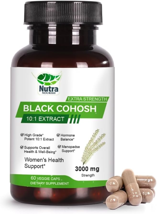 Black Cohosh Capsules,3000mg Strength,Black Cohosh Supplements for Women Menopause Hot Flashes,Non-GMO,60 Vegetarian Capsules