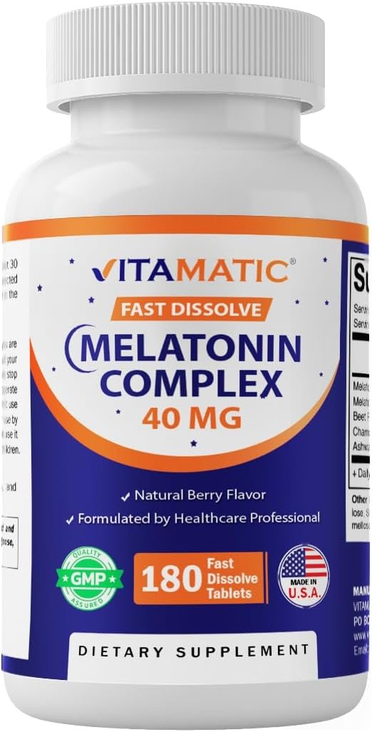 Vitamatic Fast Dissolve Melatonin Complex 40 mg – Natural Berry Flavor – 180 Tablets | Made with Beet Root, Chamomile & Ashwagandha Extract | Non-GMO, Made in USA