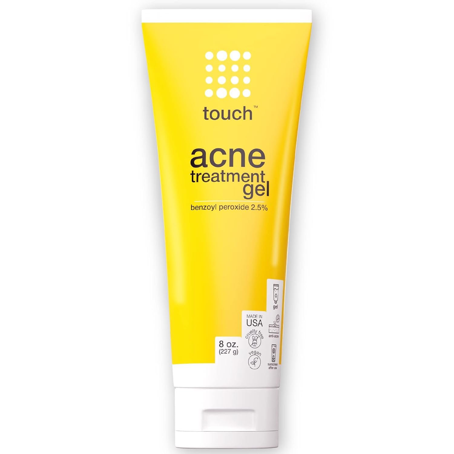 Touch Benzoyl Peroxide 2.5% Gel Cream For Acne – Pimples and Cystic Acne Spot & Daily Face and Back Medication for Adults & Teens – Goes on Clear Lightweight & Non-Drying – Large 8 oz.