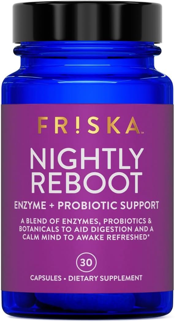 Friska Nightly Reboot – Nighttime Digestive Enzymes, Probiotic for Gut Balance & Bloating Support, with Melatonin & Chamomile to Promote Relaxation & Sleep, 30 Capsules