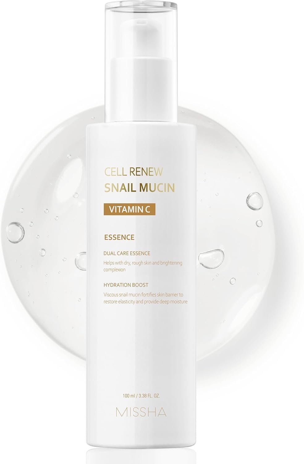 MISSHA Cell Renew Snail Mucin Vitamin C Essence Serum 3.38 Fl oz – Hydrating Korean Skincare for Glass Skin, Snail Mucin Serum for Improved Skin Texture & Complexion