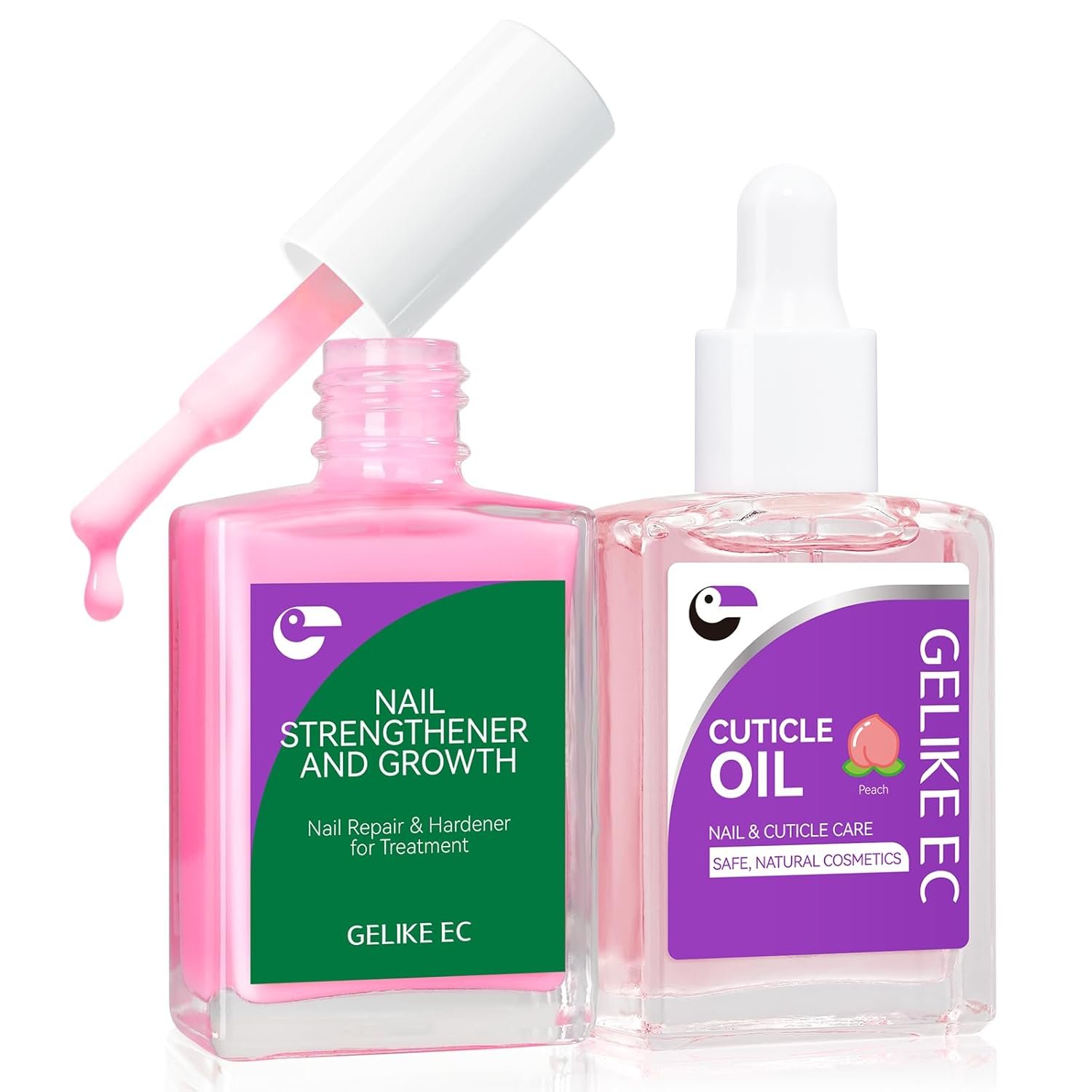 Gelike EC Nail Care Gift Set: Pink Fingernail Nail Growth Treatment & Peach Cuticle Oil 15ml – Cute & Fruity Manicure Set for Thin Peeling Nails – Women Mom Girlfriend Teens Girls Favorite