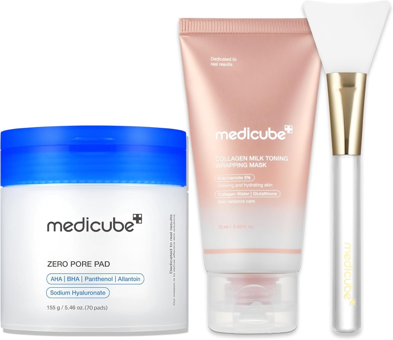 medicube Clarify-to-Glow Masking Set: Zero Pore Pad 2.0, Collagen Glazed Milky Daytime Wrapping Mask | for Exfoliation and Pore Care with LHA, BHA | Quick & Easy Glow Care for Plumped Skin