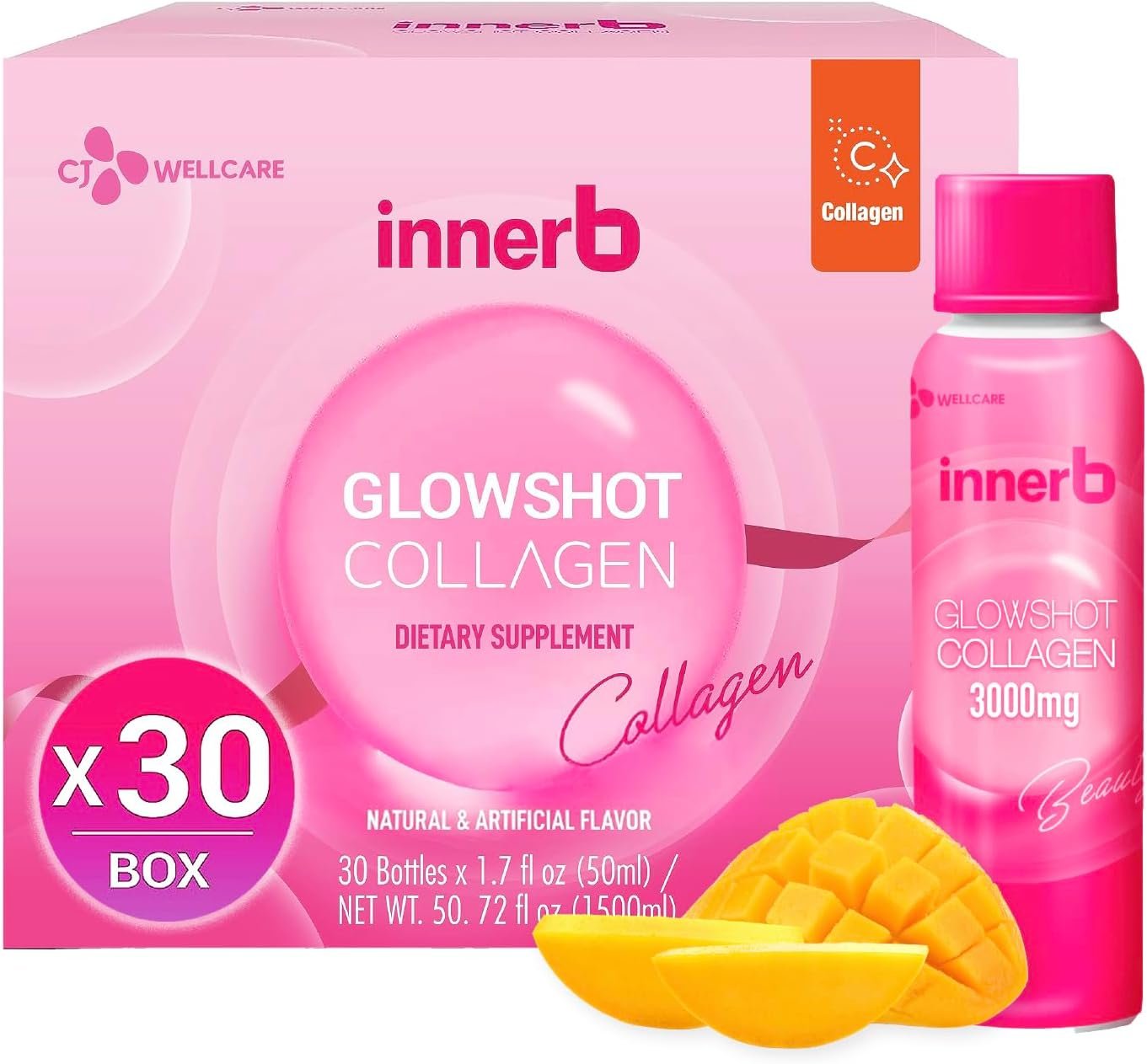 CJwellcare Innerb Glowshot Collagen (50.7 fl oz, 30 Servings) – Marine Liquid Collagen for Women, 3,000mg Collagen Peptides, Collagen Shots for High Absorption, Hair, Skin & Nails Supplement