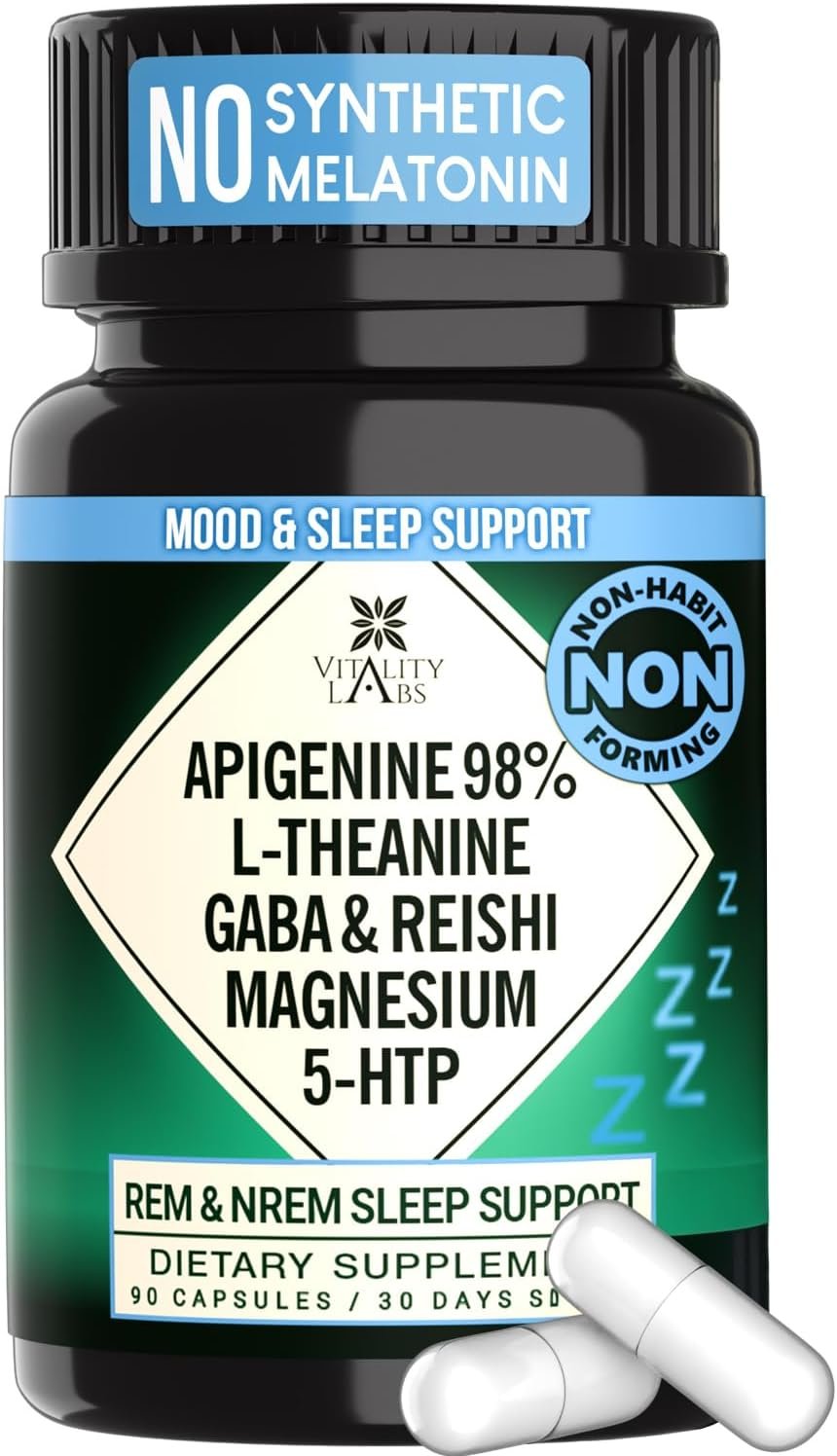 Natural Sleep Aid Supplement for Adults Without Melatonin – Non-Habit Forming Herbal Sleep – GABA, L-Theanine, Reishi Mushroom, Apigenin, Magnesium Glycinate, 5-HTP – 90 Vegan Capsules