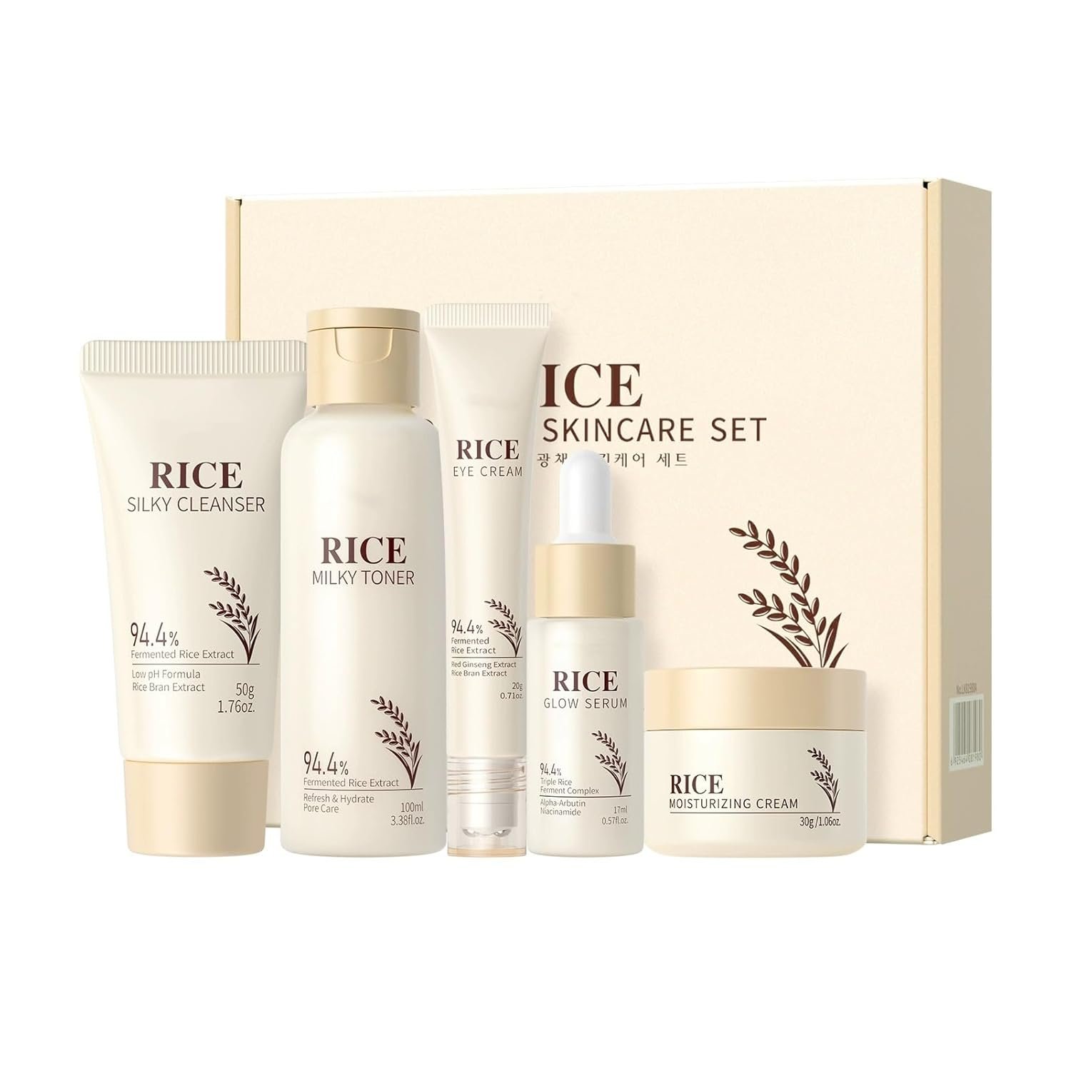 Moisturizing Korean Rice Skin Care Set – Radiance Skincare 5-Step Routine with Rice Cleanser, Toner, Serum, Face Cream, Eye Cream, Hyaluronic Acid & Ceramides for Glowing Skin, All Skin Types
