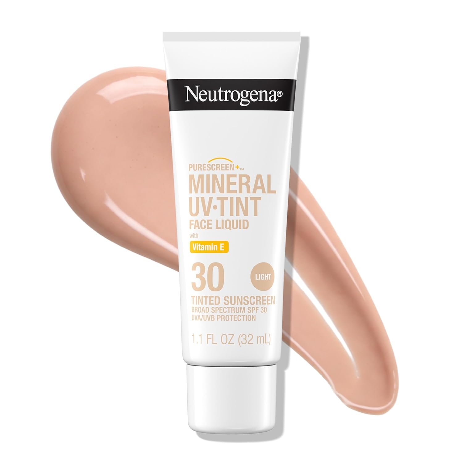 Neutrogena Purescreen+ Mineral UV Tint Face Liquid Tinted Sunscreen – with 100% Mineral Actives & Vitamin E, Enhances Natural Tone, Water Resistant, Broad Spectrum SPF 30, 1.1 fl oz