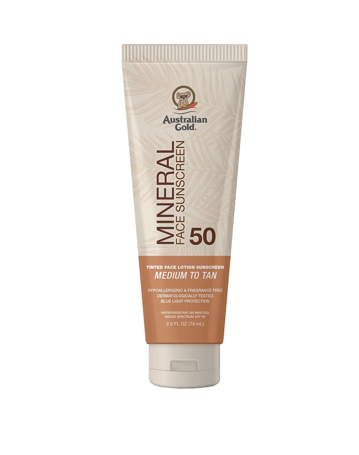 Australian Gold SPF 50 Tinted Mineral Face Sunscreen, Medium to Tan, 2.5 fl oz, Broad Spectrum, Non-Greasy BB Cream with Blue Light & Sun Protection, 4% Zinc Oxide & Titanium Dioxide, Hypoallergenic