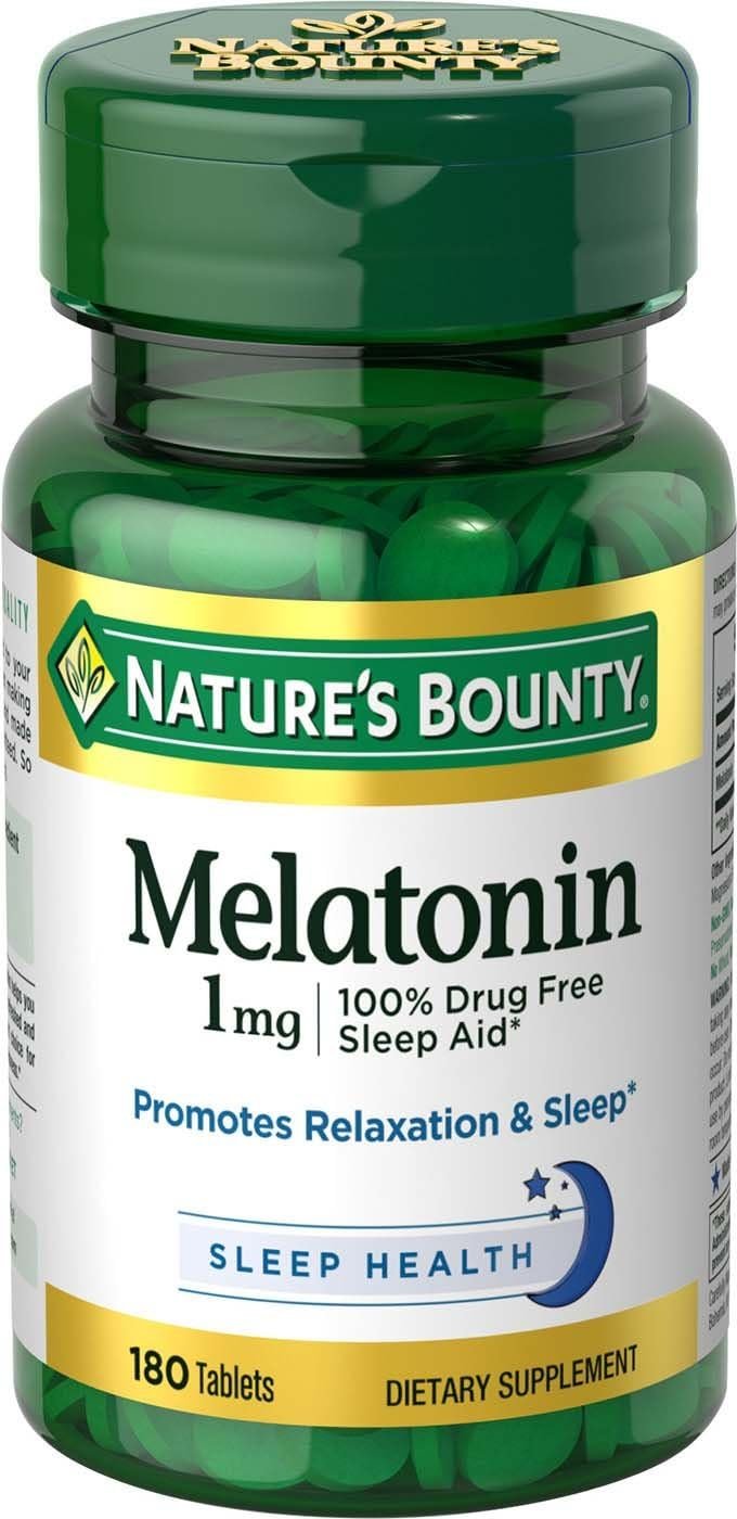 Nature’s Bounty Melatonin, 100% Drug Free Sleep Aid, Promotes Relaxation and Sleep Health, 1mg, 180 Tablets