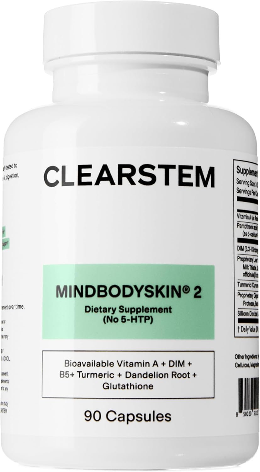 CLEARSTEM – MINDBODYSKIN Hormonal Acne Supplement (No 5-HTP) – Natural DIM Supplement – Skin Care Vitamins – Hormone Balance, Antioxidants – Gluten Free, Cruelty Free – 30 Servings, 90 Capsules