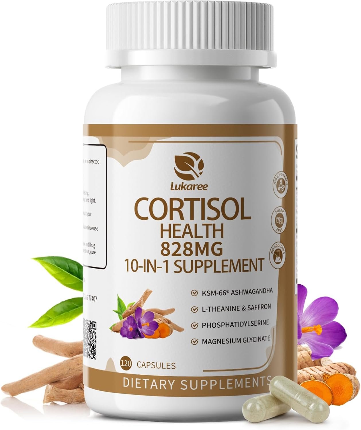 10-IN-1 Cortisol Supplements w/ KSM-66® Ashwagandha 300mg + L-Theanine 250mg, Magnesium Glycinate, Saffron, Phosphatidylserine, Turmeric & Vitamin C D3 B6 B5, For Women Men, 120 Capsules 60-Day Supply