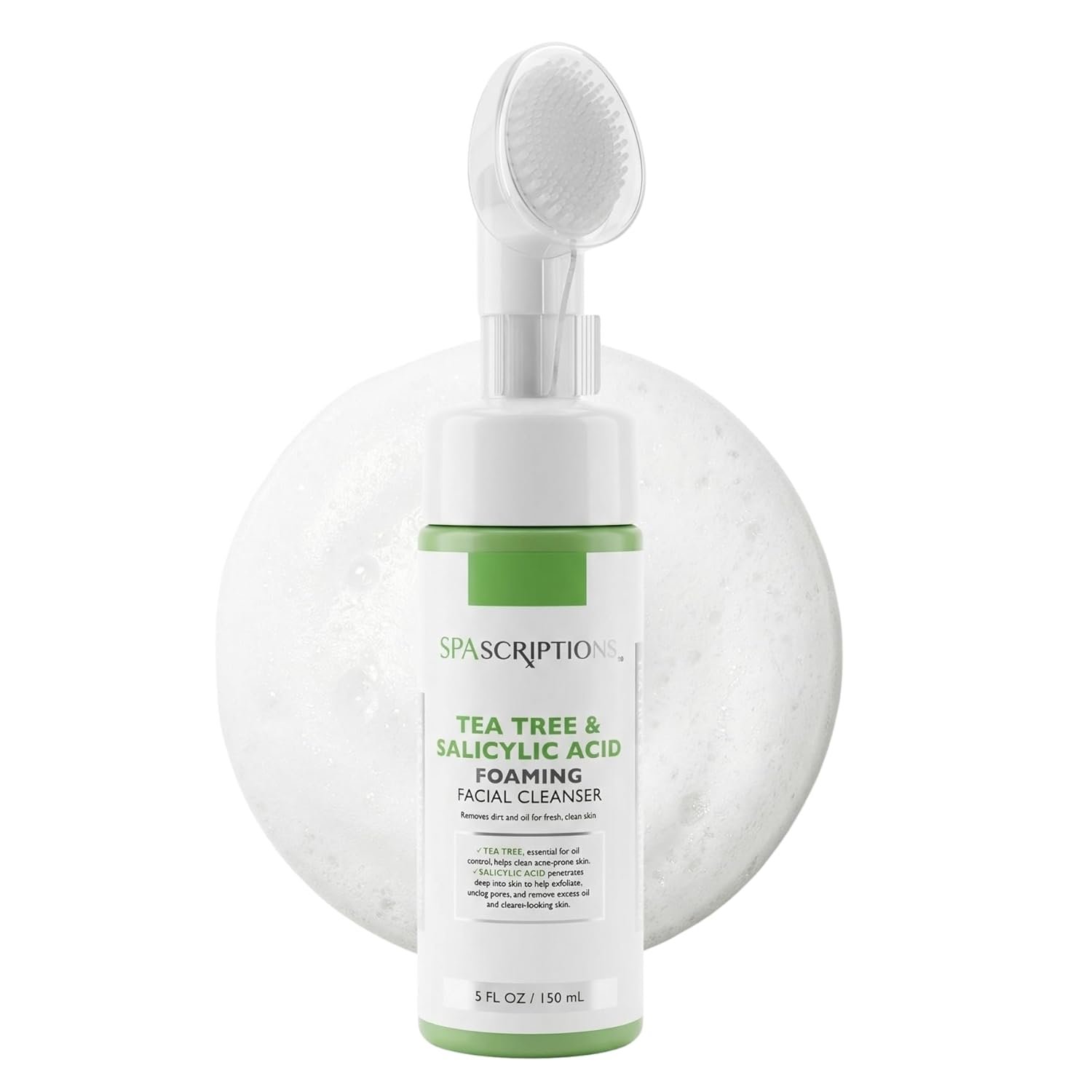 SpaScriptions 2 in 1 Cleanse & Exfoliate Foaming Facial Cleanser – Tea Tree & Salicylic Acid Face Wash with Silicone Brush for Acne & Pores with Oil Control for Daily Cleansing, All Skin Types, 5 oz