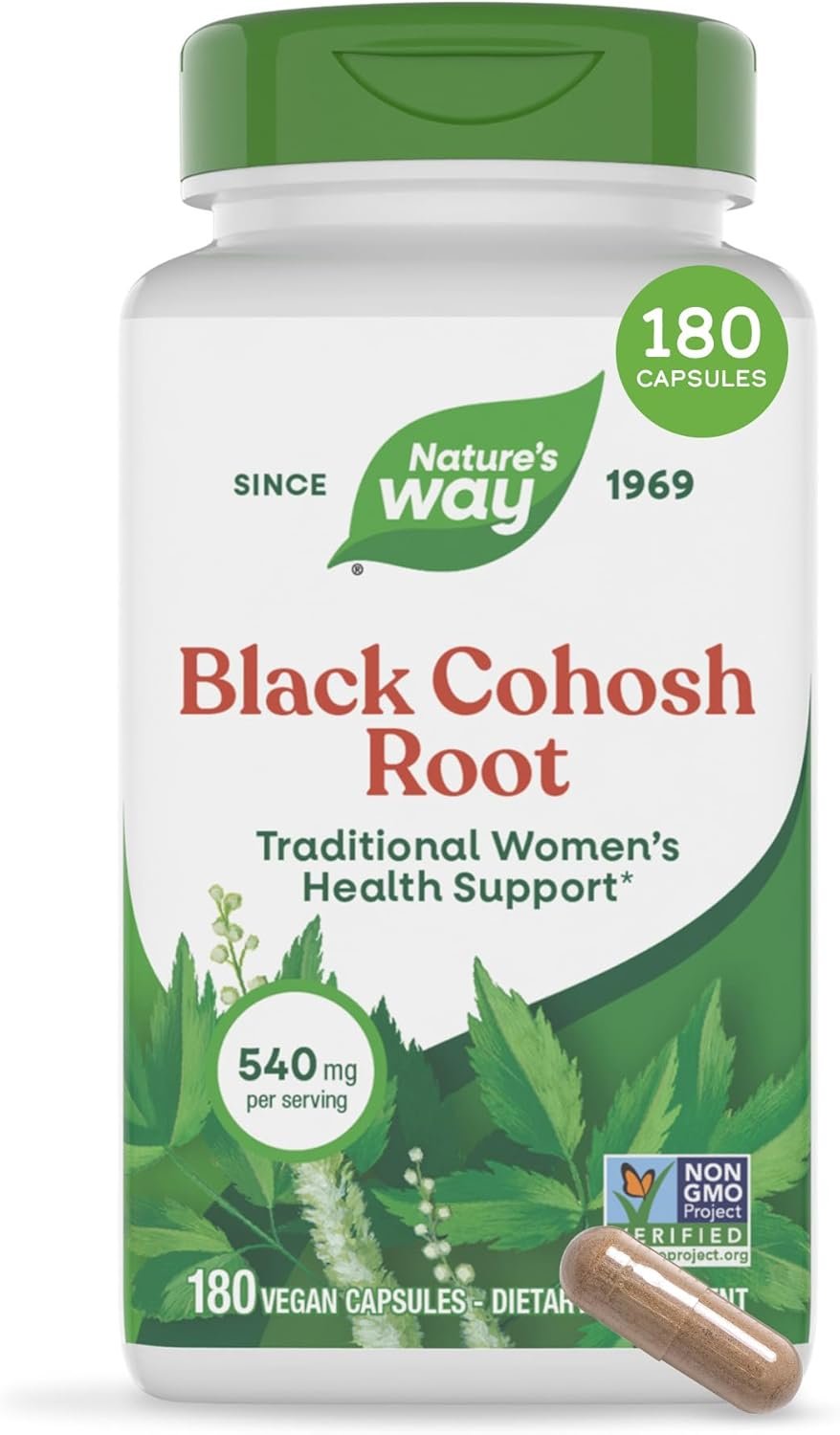 Nature’s Way Herbs Black Cohosh Root Capsules, Traditional Women’s Herbal Supplement*, Cimicifuga Racemosa Root, Non-GMO Project Verified, Vegan Capsules, 180 Count