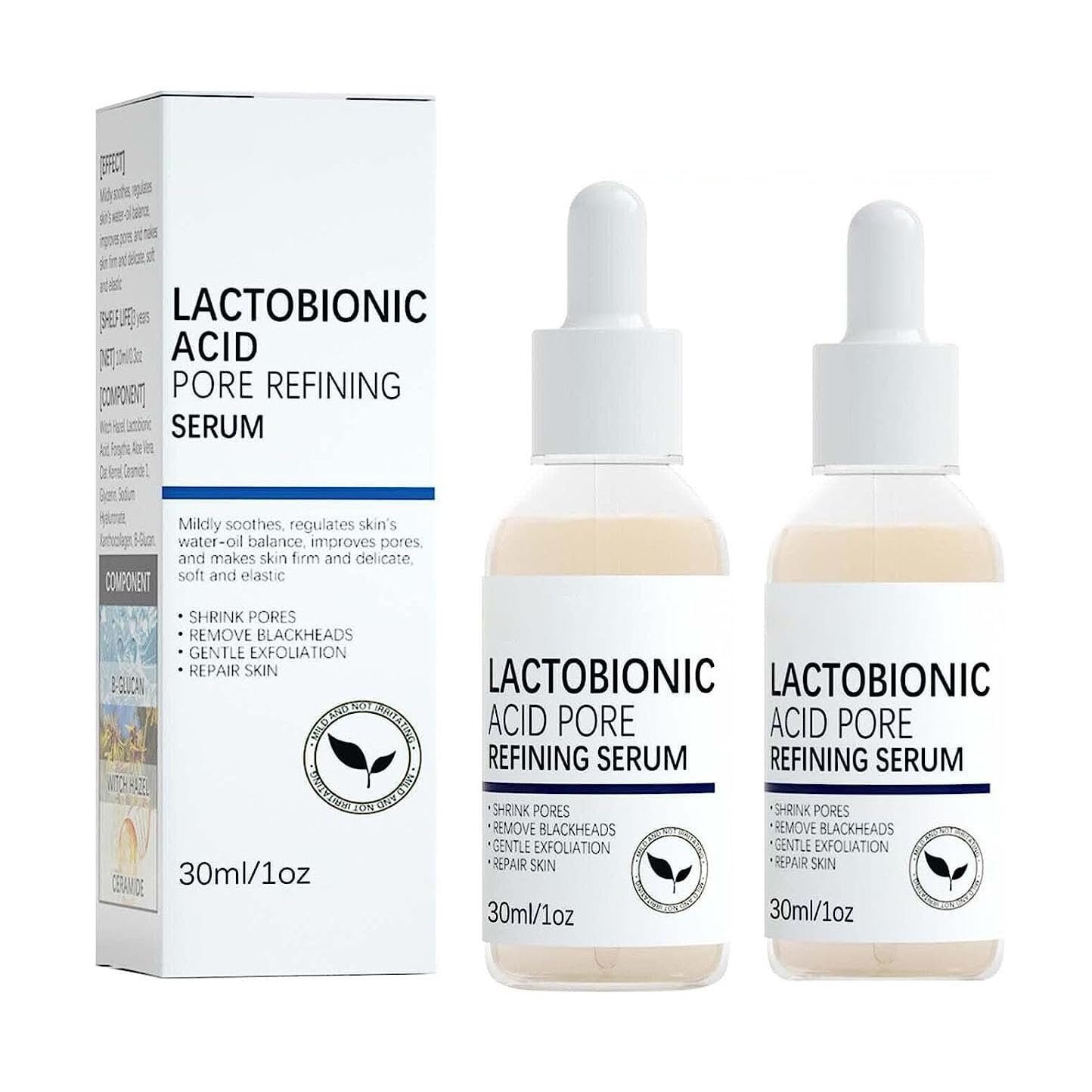 2-Pack Lactobionic Acid Pore Refining Serum – Skin Tightening & Pore Minimizer Serum for Men & Women， Best for Large Pores, Blackheads Reduction and Improved Skin Texture