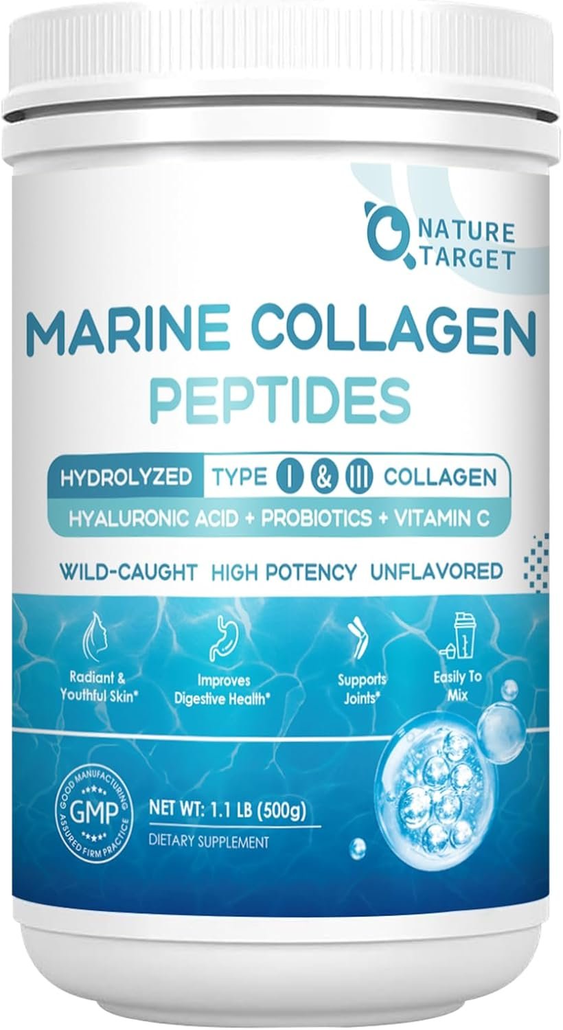 NATURE TARGET Marine Collagen Powder for Women – Multi Collagen Peptides with Hyaluronic Acid & Vitamin C for Hair, Skin, Nails & Joints – Wild-Caught Fish & Grass-Fed Bovine, 50 Servings
