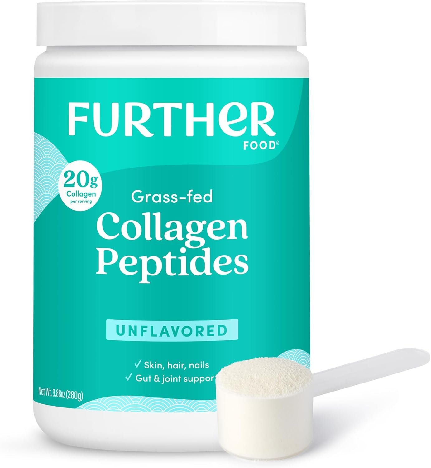 Further Food Unflavored Collagen Peptides Powder – 100% Grass-Fed, Hydrolyzed Type 1 & 3, 20g of Collagen per Serving, Supports Skin, Hair, Nails & Joints, 9.88 Oz