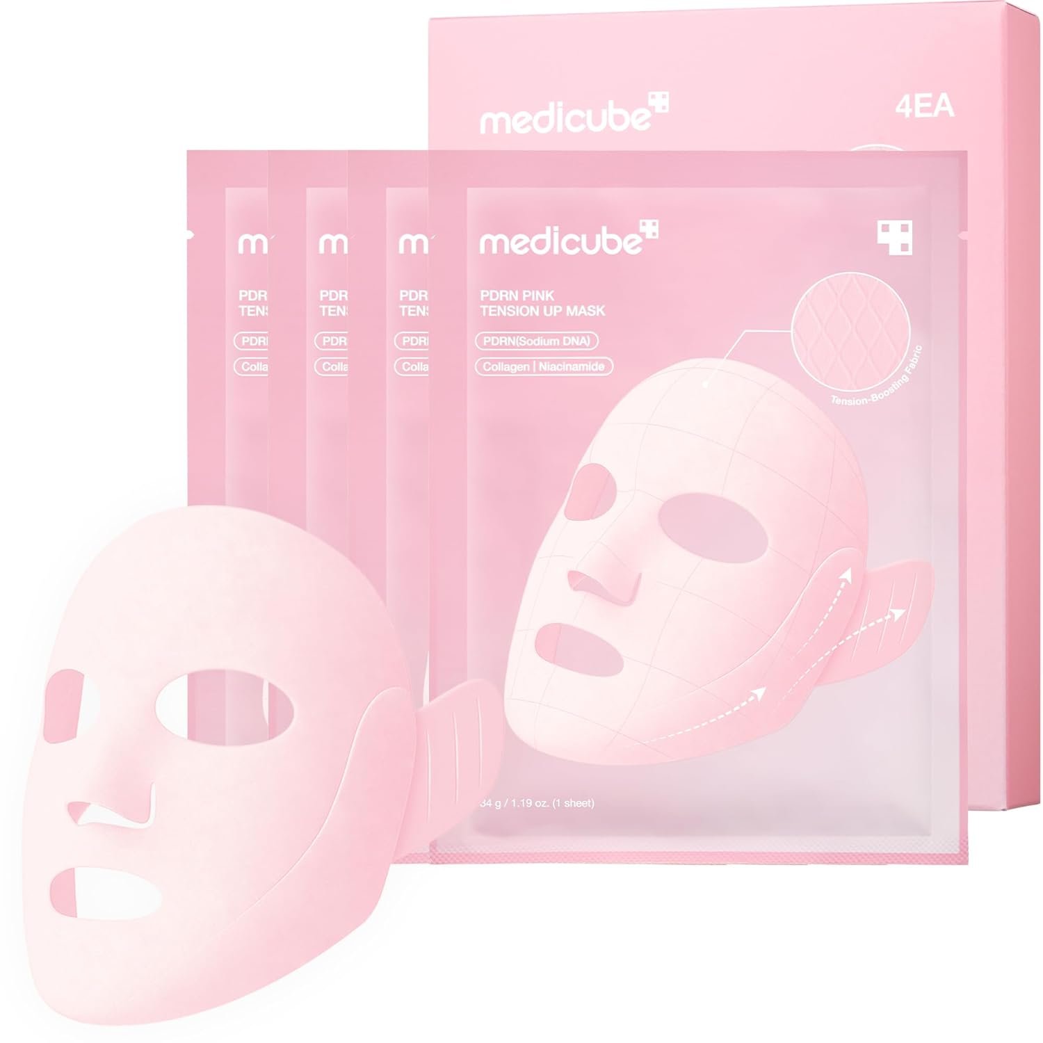 medicube PDRN Pink Tension Up Mask | 3-Step V-line Mask for Contoured-Looking Chin & Jawline | Full-Face Firming Care with Salmon PDRN, NAD & Caffeine | Korean Skincare, 34g x 4ea + Tightening Band