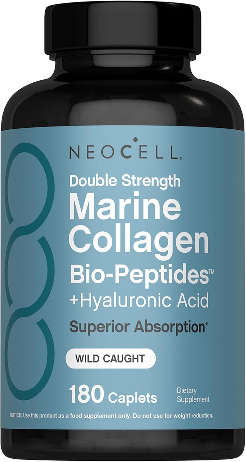 NeoCell Marine Collagen Peptides Supplement | 180 Caplets | with Hyaluronic Acid | Double Strength Formula | Nails, Skin, & Hair