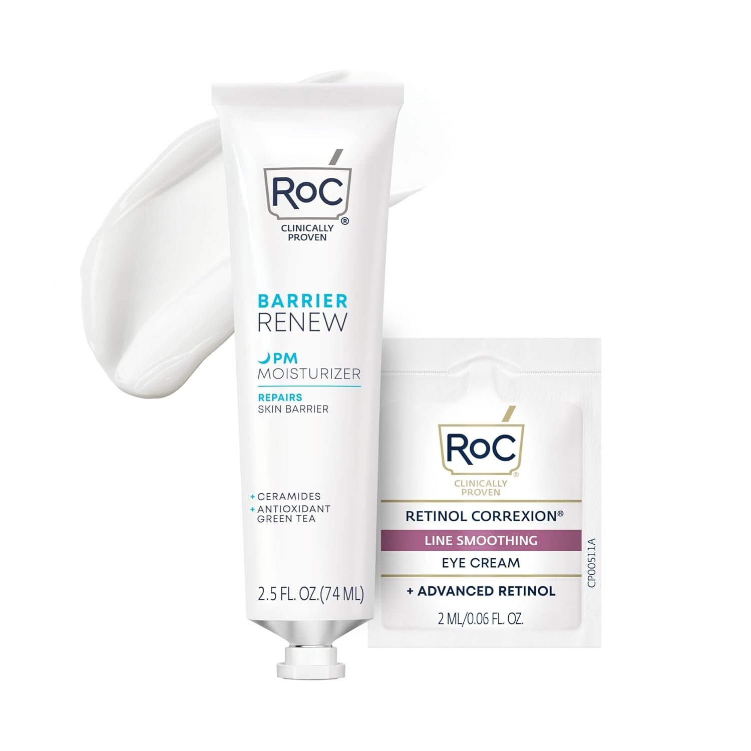 RoC Barrier Renew Night Moisturizer with Ceramides & Antioxidant Green Tea and Lipo Peptides to Renew Skin Barrier, (2.5 oz) with Retinol Eye Cream Packette