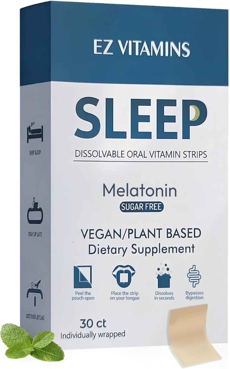 Dissolvable Oral Sleep Strips with 5 mg Melatonin, Valerian Root, L-Theanine and Vitamin B6 – Fresh Mint Flavor, No Water Needed, Works Faster Than Gummies, Sleep Support Oral Strips, 30ct
