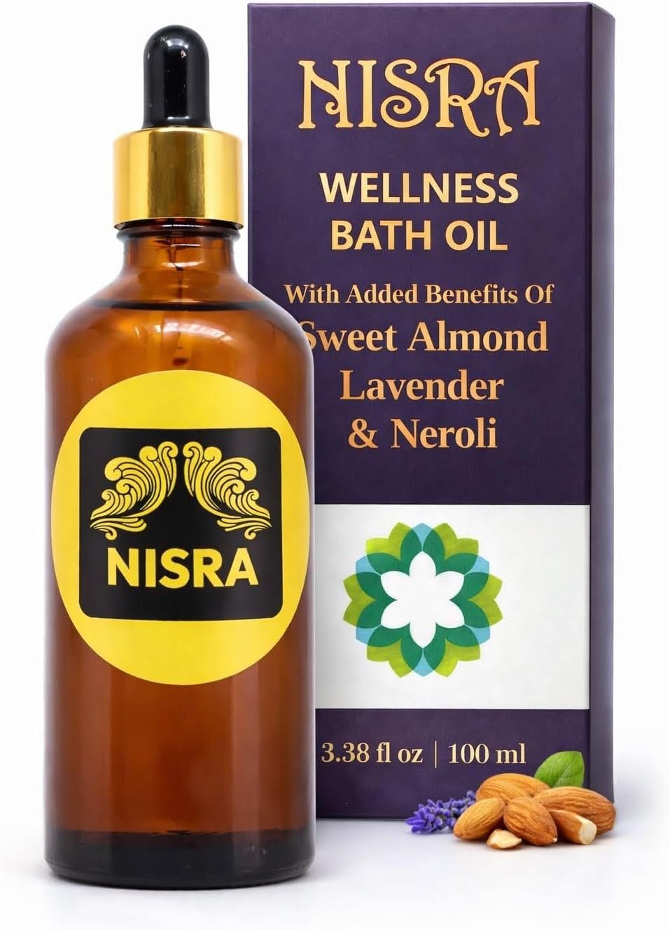 NISRA™ Ayurvedic Premium Bath Oil with Organic Sweet Almond & Neroli Relaxing Aromatherapy Body Oil for Stress Relief & Wellness Vegan, Mineral Oil-Free Calming Soak for Dry Skin 3.38 fl oz