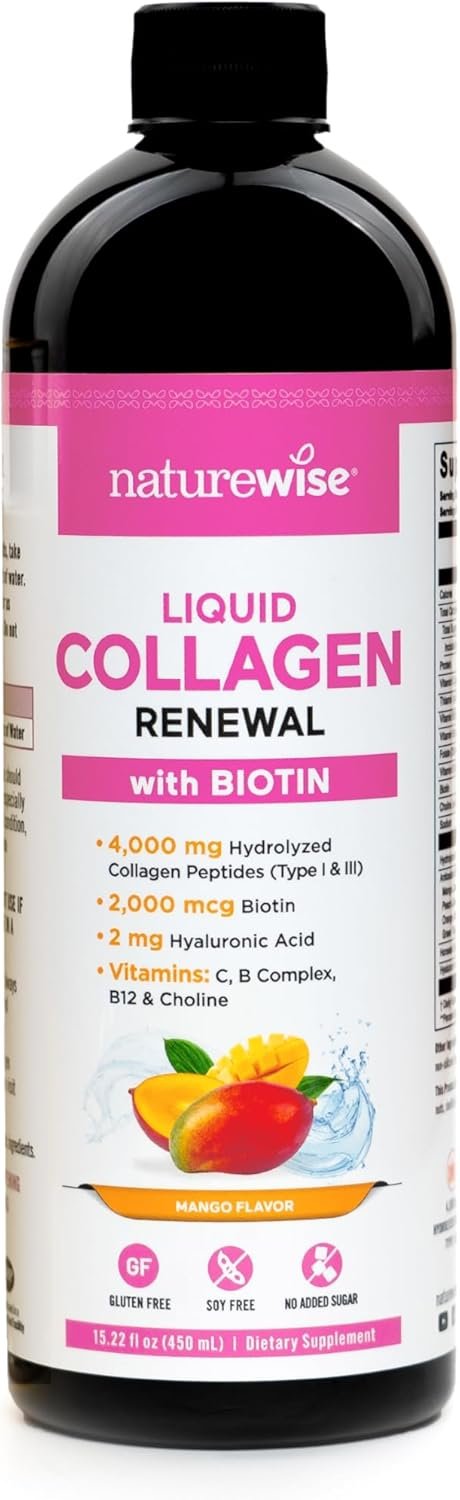 NatureWise Hydrolyzed Liquid Collagen for Women & Men 4000mg – No Added Sugar – Multi Collagen Peptides + Biotin + Vitamin C + Vitamin B Complex & Hyaluronic Acid – Mango – 15.22 fl oz[45 Day Supply]