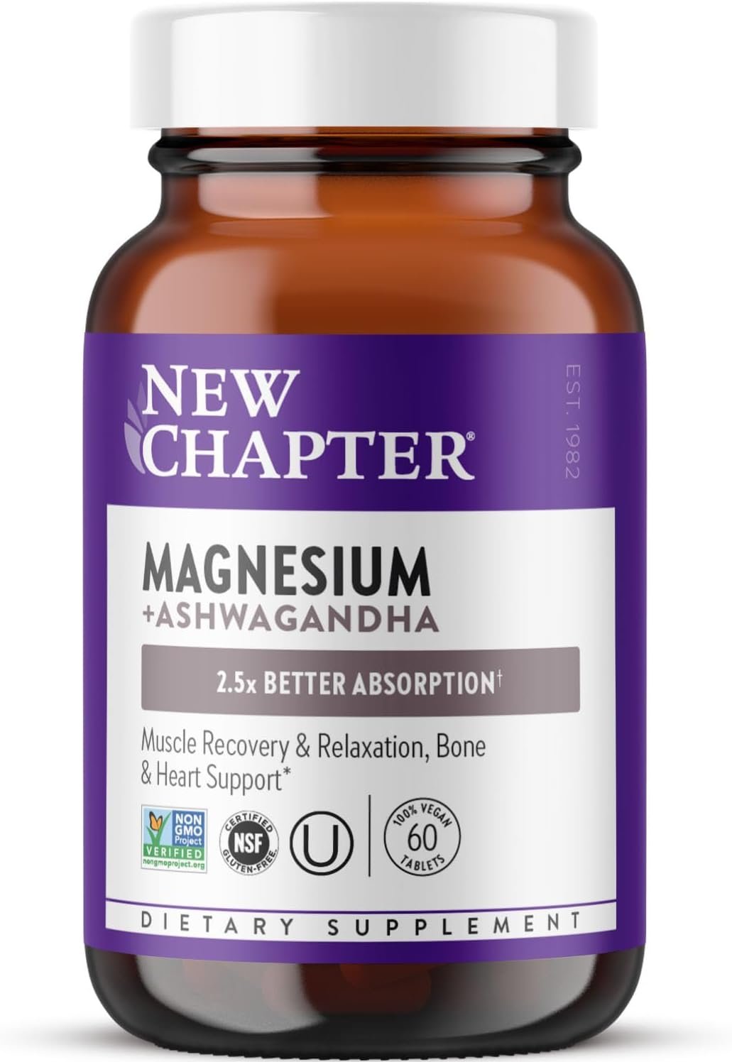 New Chapter Magnesium + Ashwagandha Supplement, 325 mg with Magnesium Glycinate for Muscle Relaxation & Recovery, Heart, Nerve & Bone Health, 2.5X Absorption, Non-GMO – 60 ct (2 Month Supply)