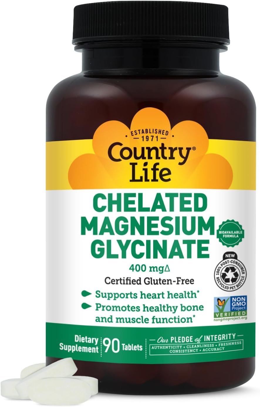 Country Life Chelated Magnesium Glycinate 400mg – High Absorption Magnesium for Calm, Muscle Relaxation, Energy & Bone Support – Certified Gluten-Free, Vegan, Kosher, Non-GMO – 90 Tablets